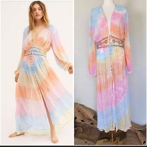 Free People Summer of Love Kimono Maxi Dress Tie Dye Boho Beaded Waist S
